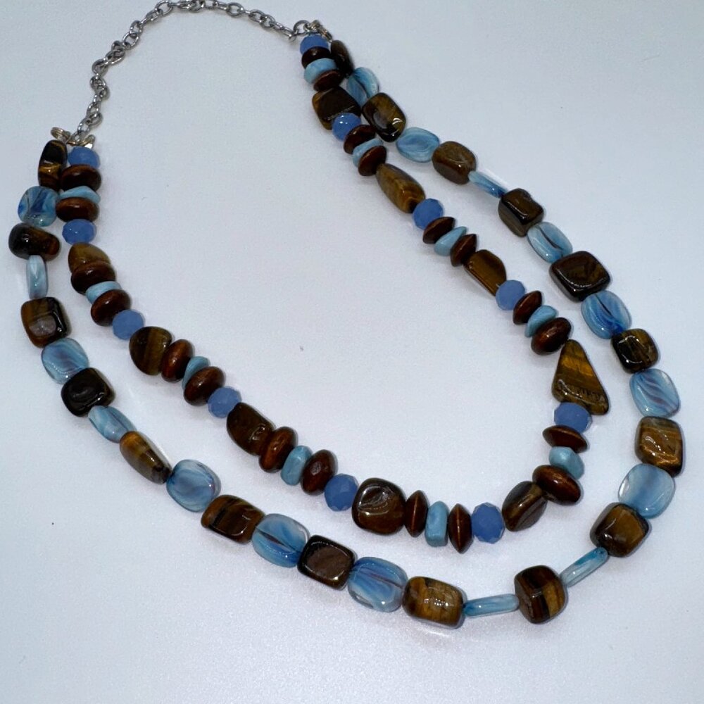 Necklace Tiger's Eye Stone and Blue Glass Beads 2 Strands *read*